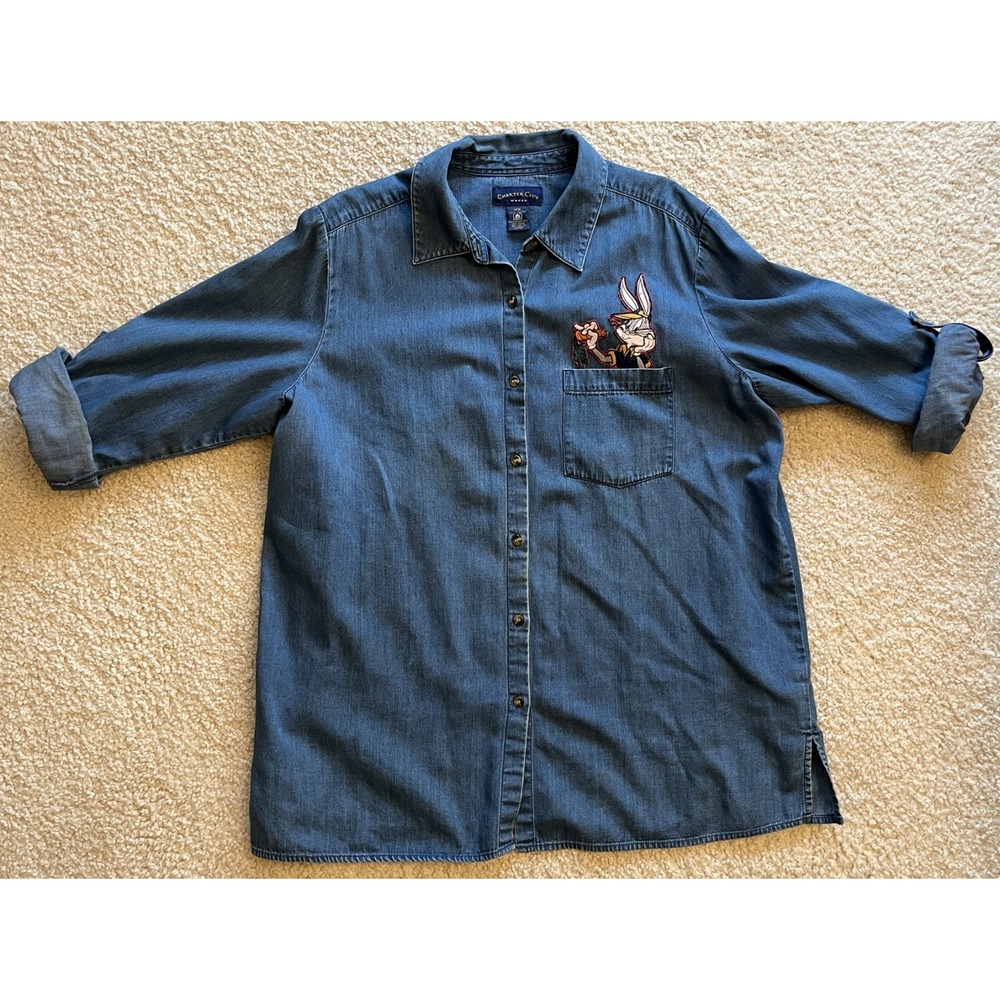 Charter Club Bugs Bunny 3/4 Sleeve Denim Jean Shirt Women Plus 16W 1X